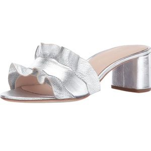 Loeffler Randall woman’s Vera Ruffle Slide Sandals. Metallic leather heels